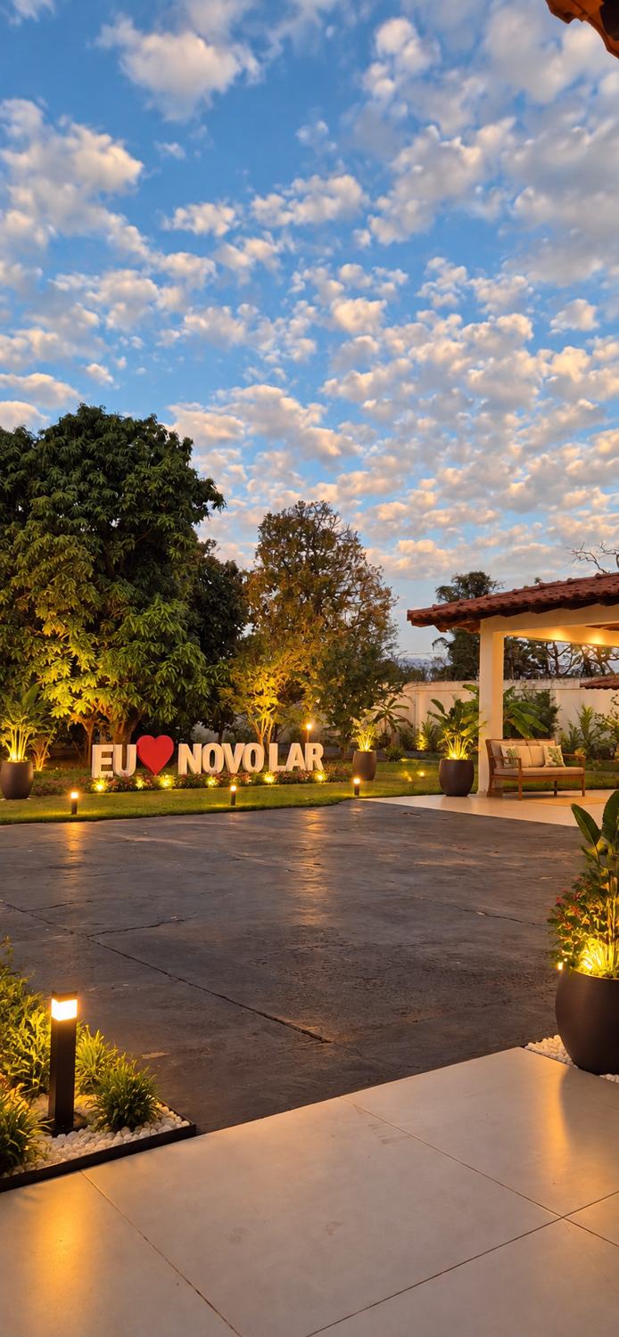 Entrada do Novo Lar iluminada à noite com o letreiro Eu amo Novo Lar